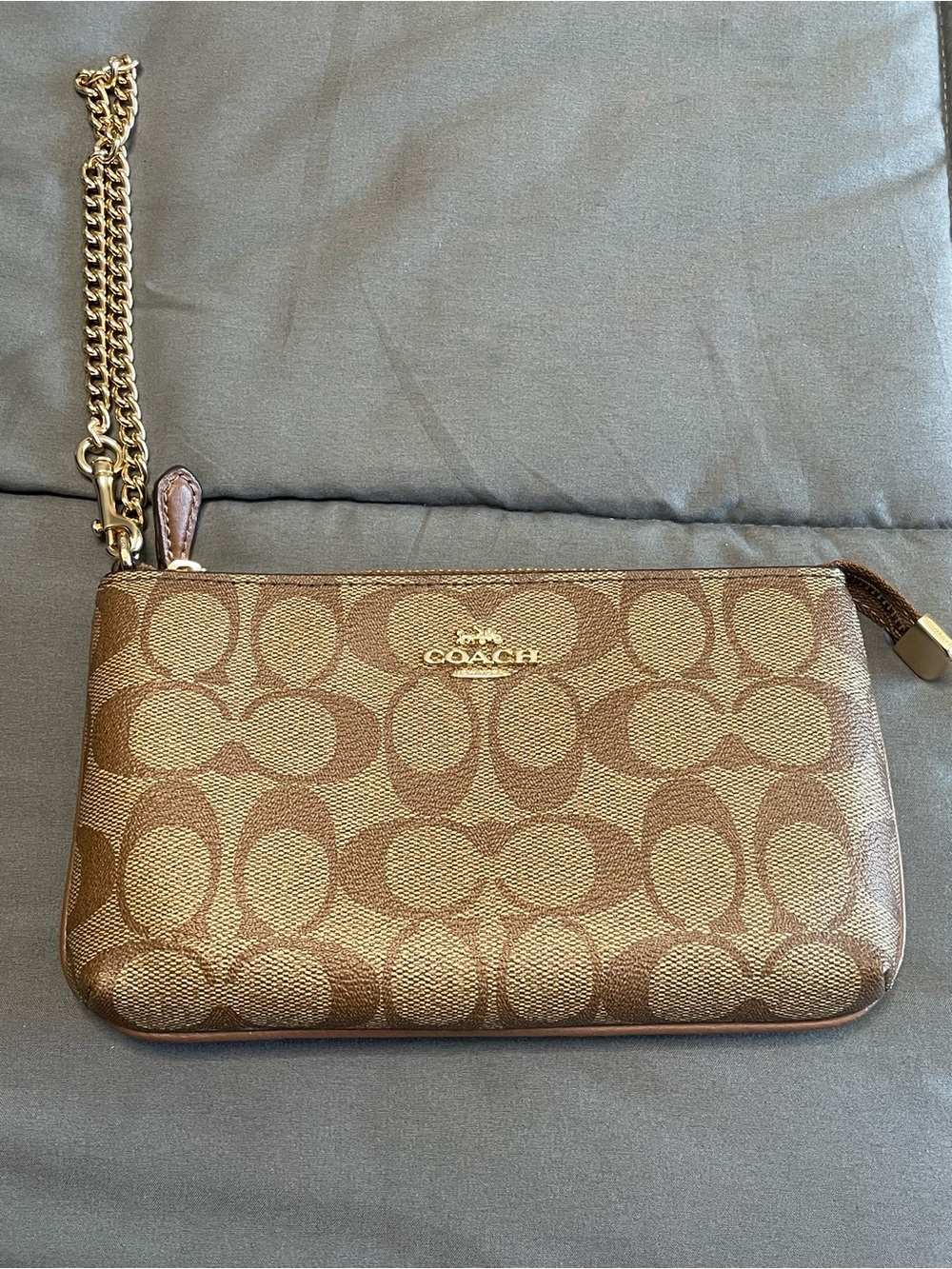 Coach Signature Large Wristlet With Chain CS652 Khaki/Saddle